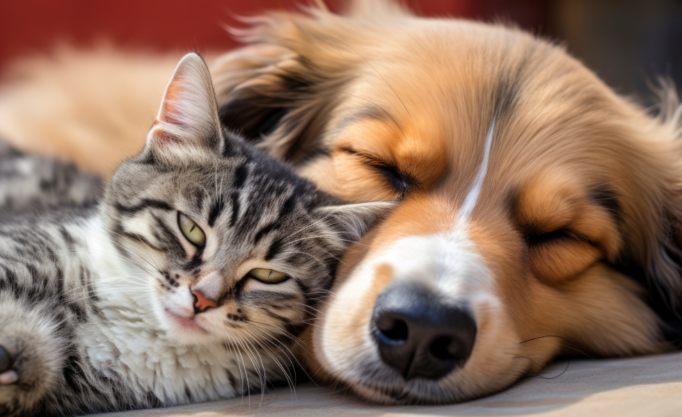 Cat and brown dog sleeping side by side, curled up in a cozy close-up.