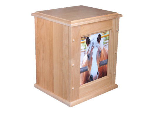 Wooden pet cremation urn with a horse photo panel on the front.