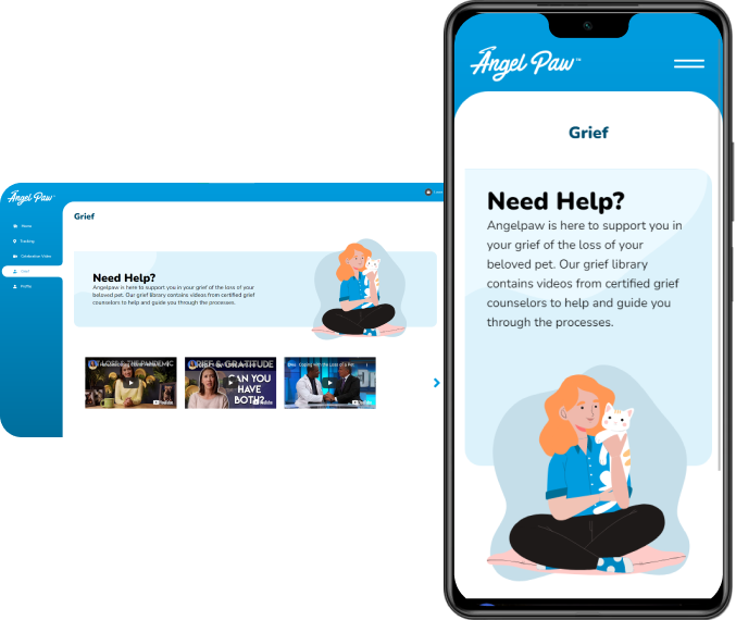 Mobile and desktop grief-support screens with blue header, help text, and seated illustration