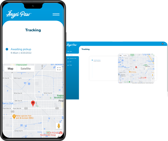 Mobile and desktop tracking screens showing a map with a red location pin and blue header.