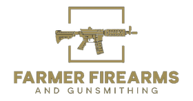 Logo for Farmer Firearms and Gunsmithing with tan rifle and text on white background
