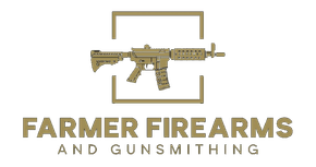 Logo for Farmer Firearms and Gunsmithing with tan rifle and text on white background
