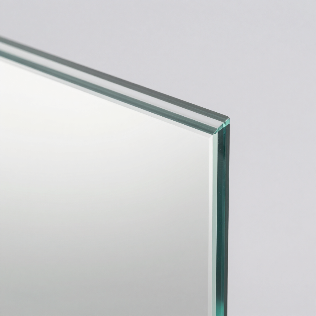 Primer plano de la esquina de un panel de vidrio transparente con un borde tintado de verde y moldura metálica.
