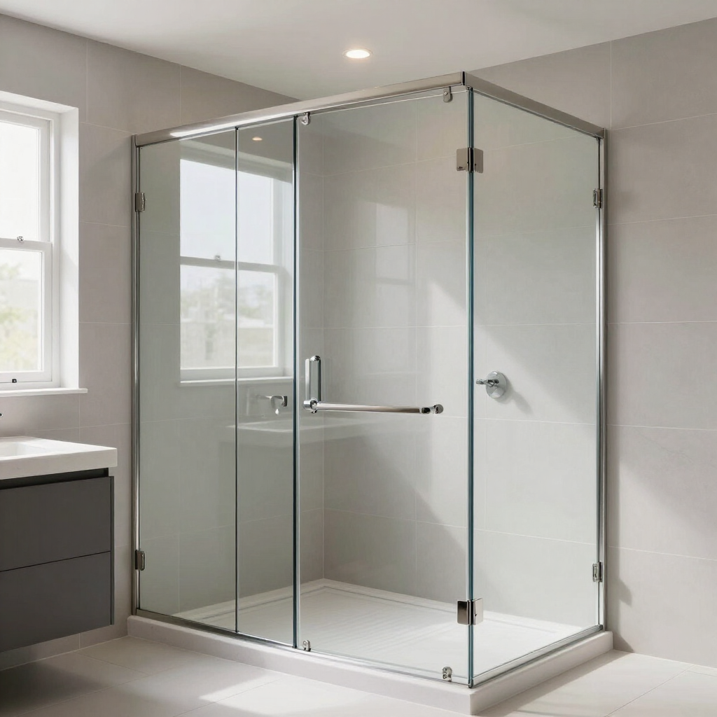 Baño moderno con ducha a ras de suelo de cristal sin marco y suelo de baldosas blancas.