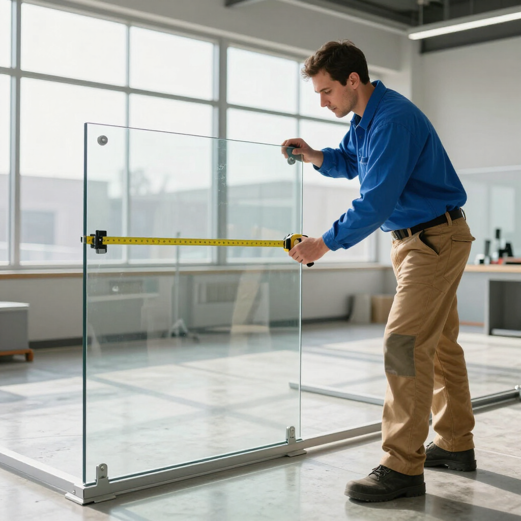 Un trabajador mide un panel de vidrio en una oficina luminosa usando una cinta métrica.