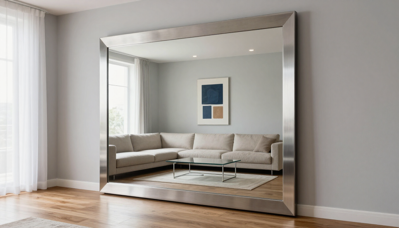 Sala de estar moderna con un gran espejo de pared, sofá modular beige, mesa de centro de cristal y obras de arte enmarcadas.