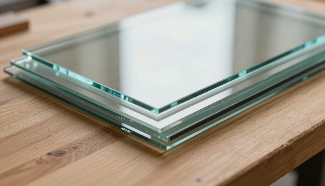 Paneles de vidrio apilados sobre una mesa de madera