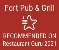 A red sign that says fort pub & grill recommended on restaurant guru 2021