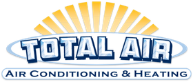 Logo for Total Air, an air conditioning and heating company, with stylized text and sunburst graphic.