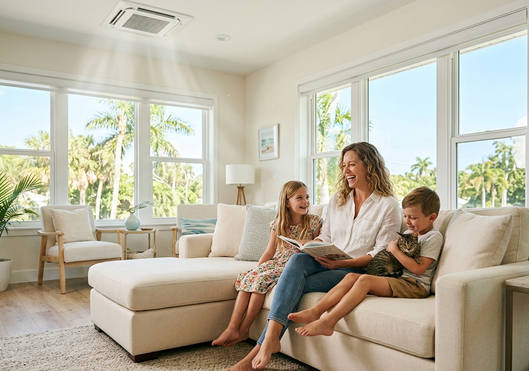 A happy family enjoying fresh, clean air in a sunlit St. Petersburg, Florida living room.