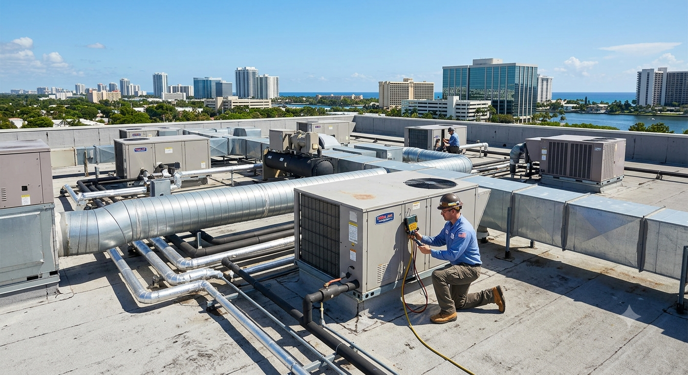 Professional HVAC technician servicing a commercial rooftop AC unit on a sunny day.