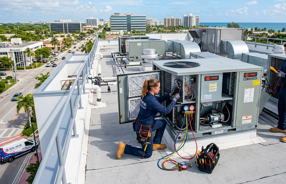 HVAC technicians performing routine maintenance on a commercial rooftop AC unit.