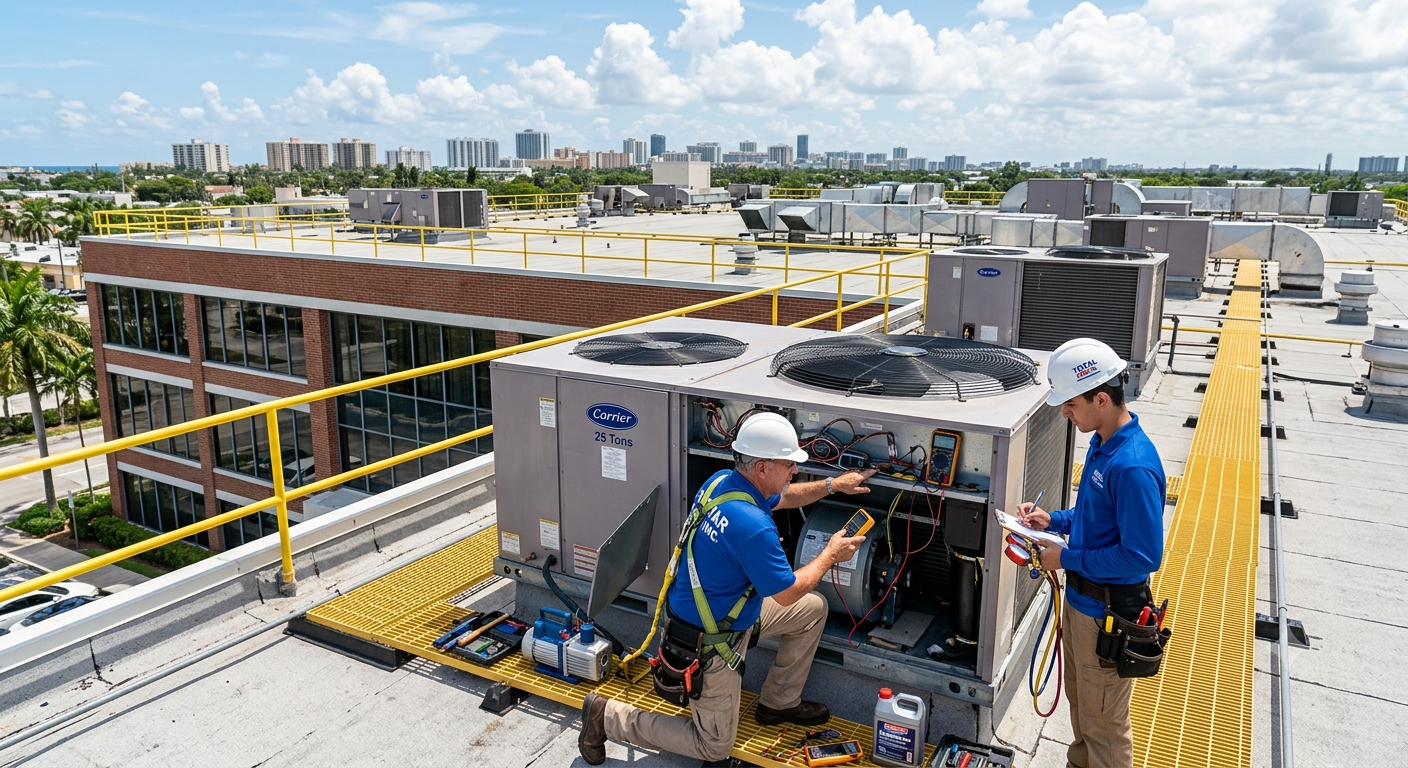HVAC technicians performing maintenance and diagnostics on a commercial rooftop AC unit.