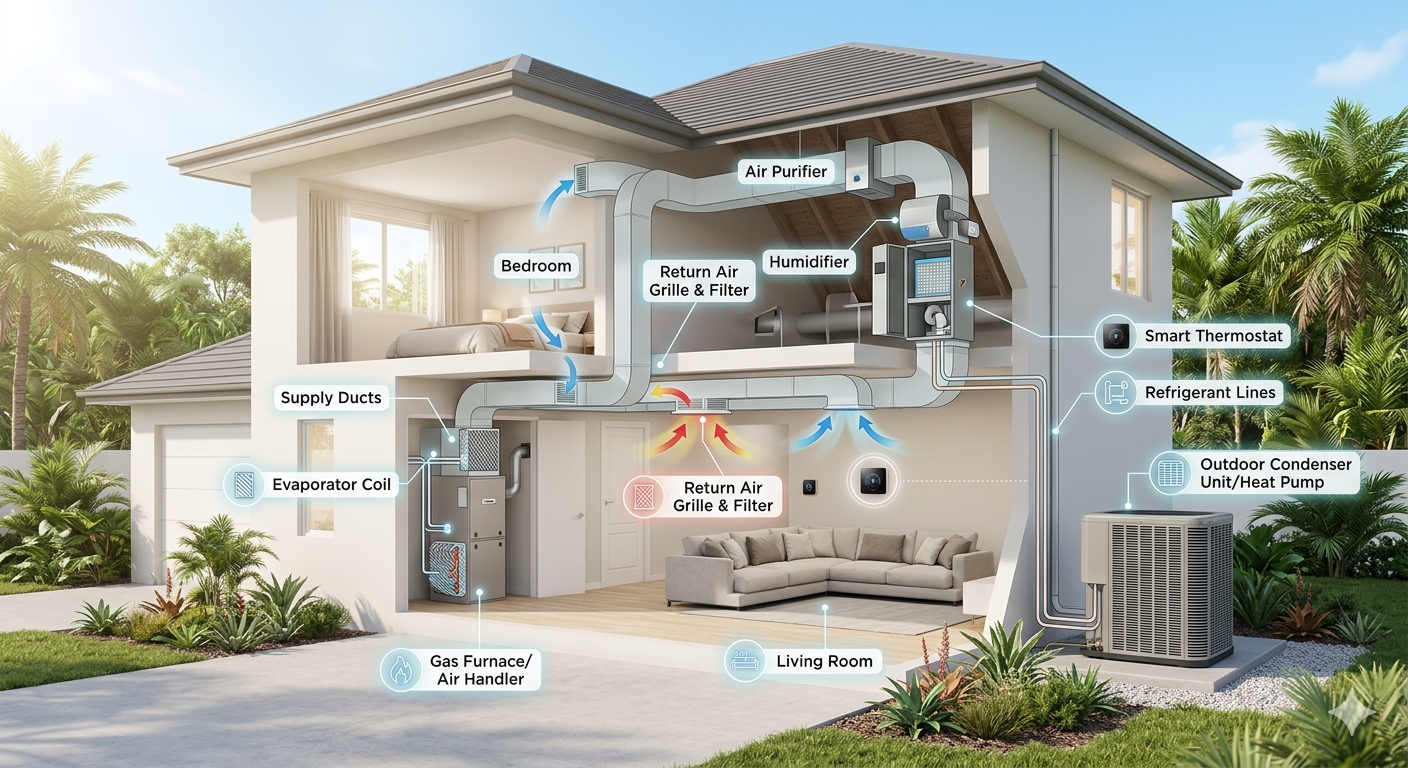 Detailed home HVAC diagram showing furnace, AC condenser, smart thermostat, and air purification for year-round comfort.