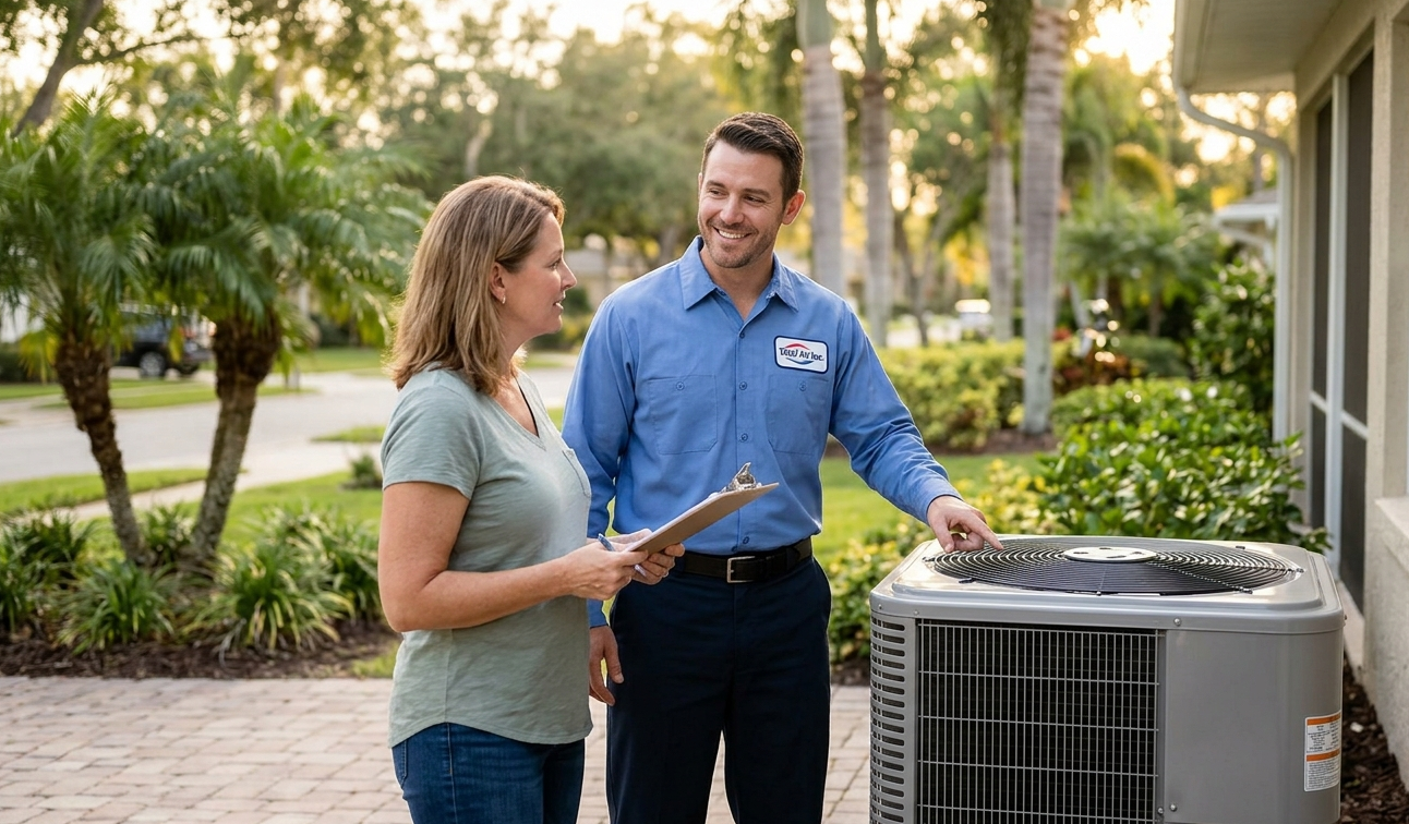 A certified Total Air Inc. technician in a uniform discussing HVAC system maintenance and repair services with a female homeowner outdoors next to a modern AC unit.