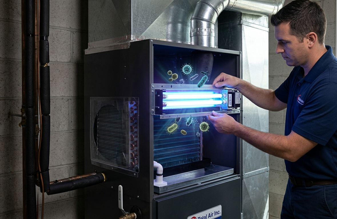 HVAC technician installing a germicidal UV light air purifier next to an AC evaporator coil