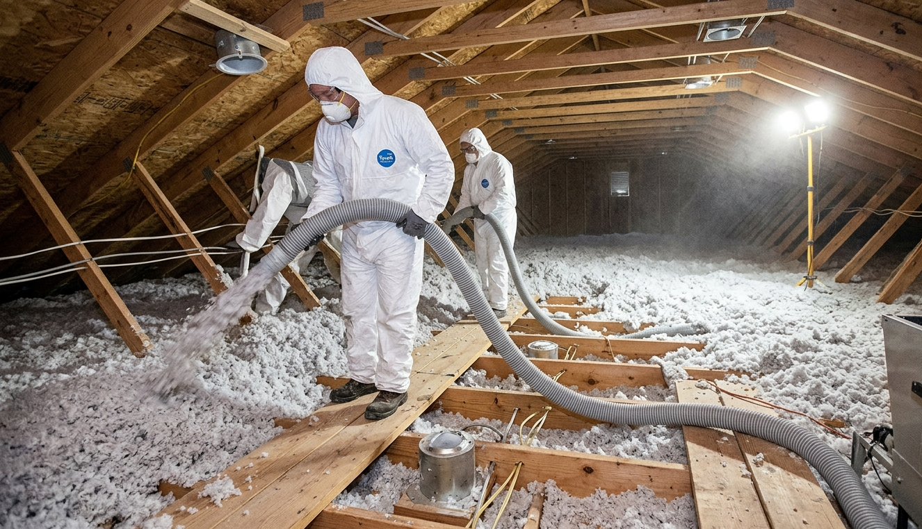 Technicians in protective suits installing blown-in cellulose attic insulation