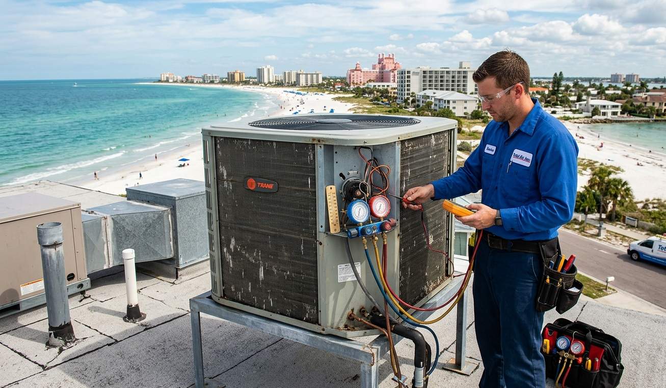 A professional Total Air, Inc. technician performing air conditioning repair on a rooftop unit overlooking the St. Pete Beach coastline and Gulf of Mexico.