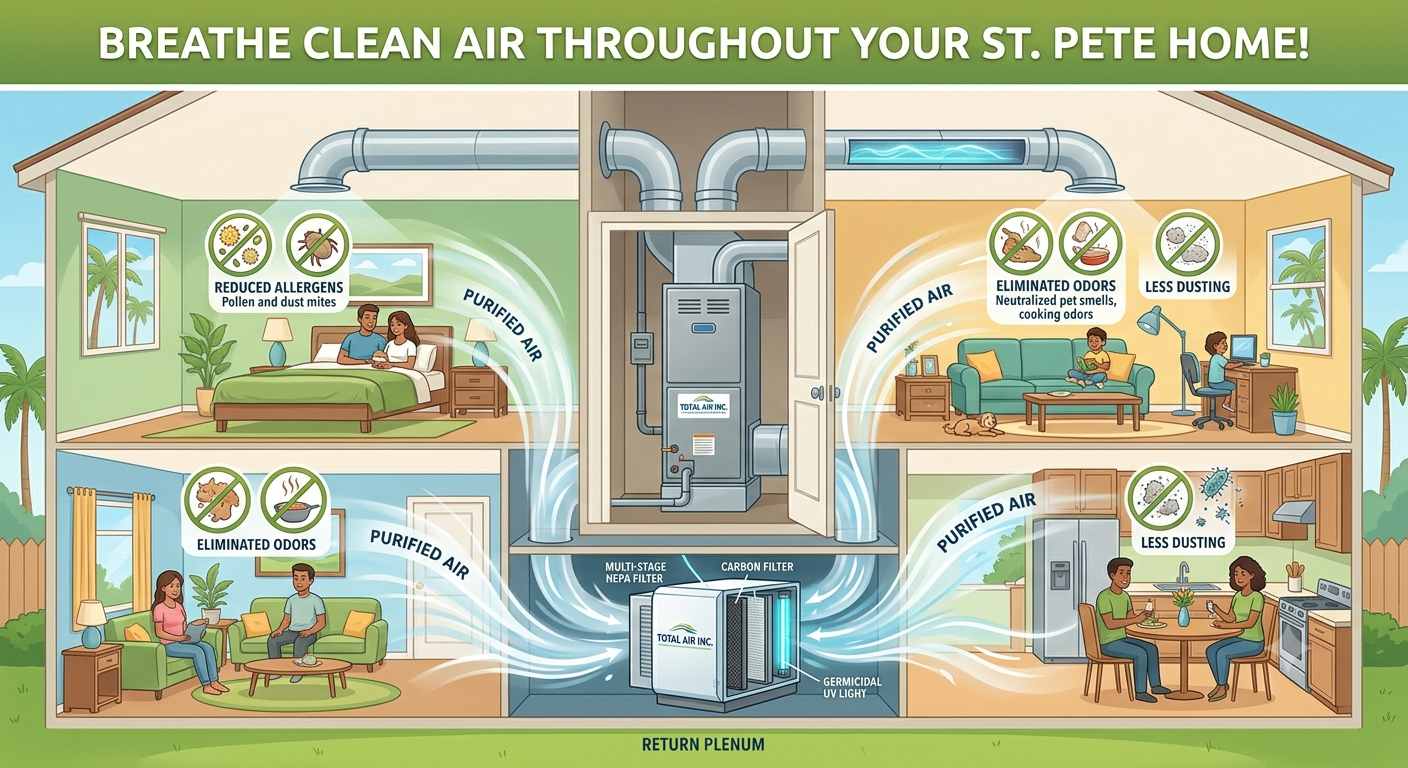 Cutaway diagram of a St. Pete home showing a whole-house air purifier cleaning indoor air.