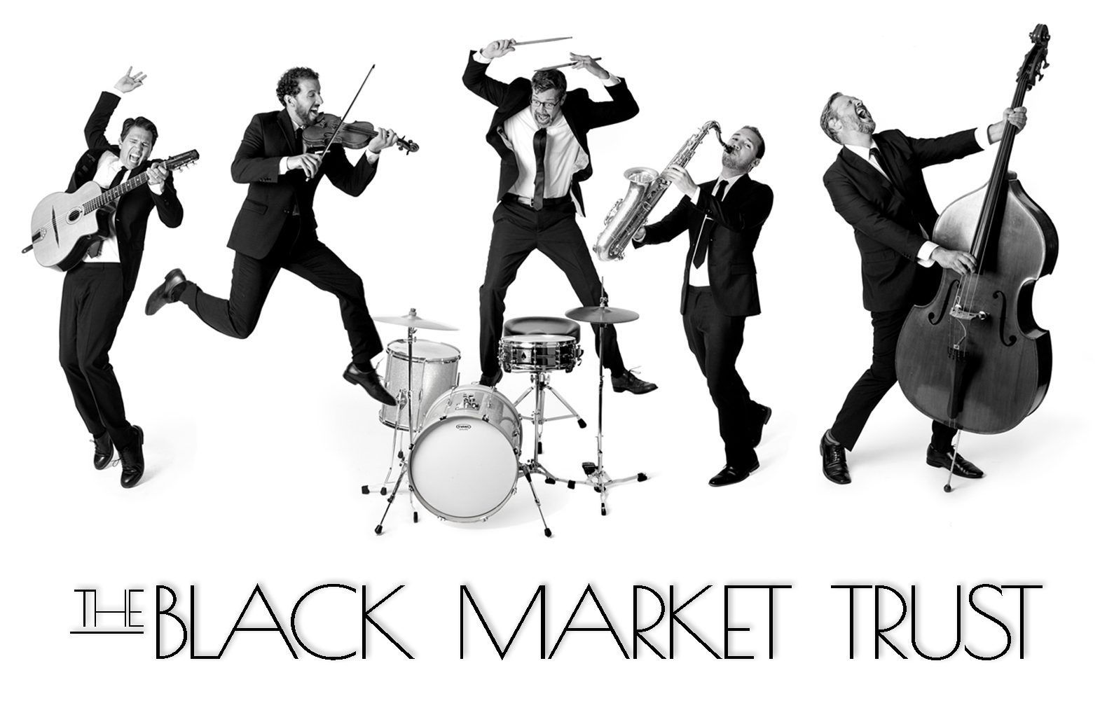 A black and white photo of a band called the black market trust
