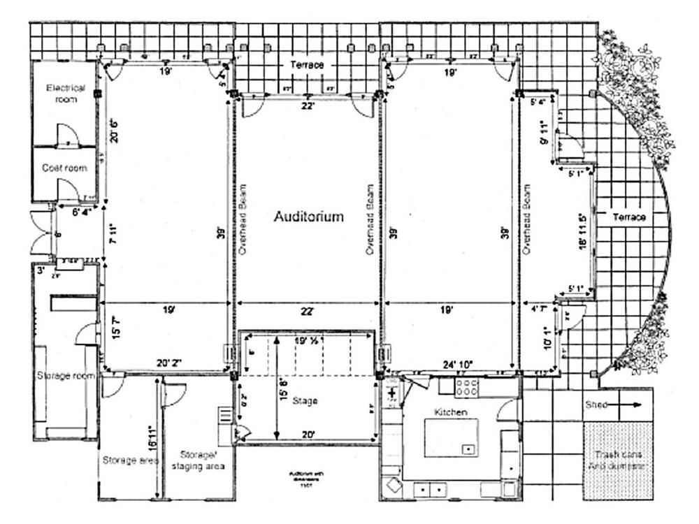 A black and white floor plan of an auditorium