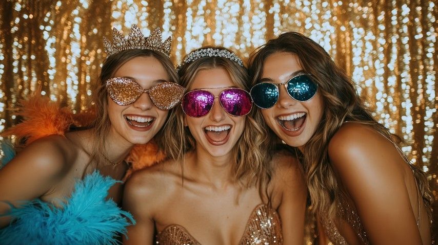 Three smiling friends in glittery party outfits and colorful sunglasses posing together with lights behind them