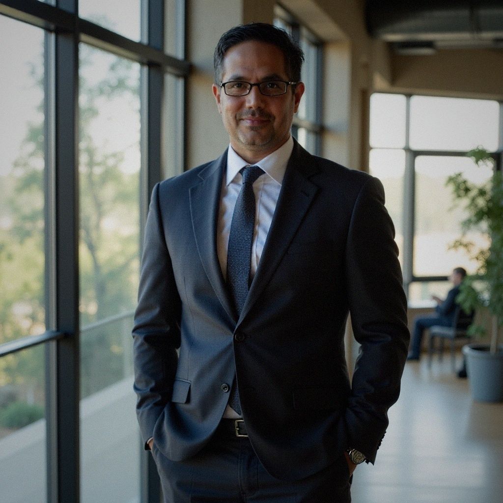 Man in a dark suit standing in a bright hallway with hands in pockets