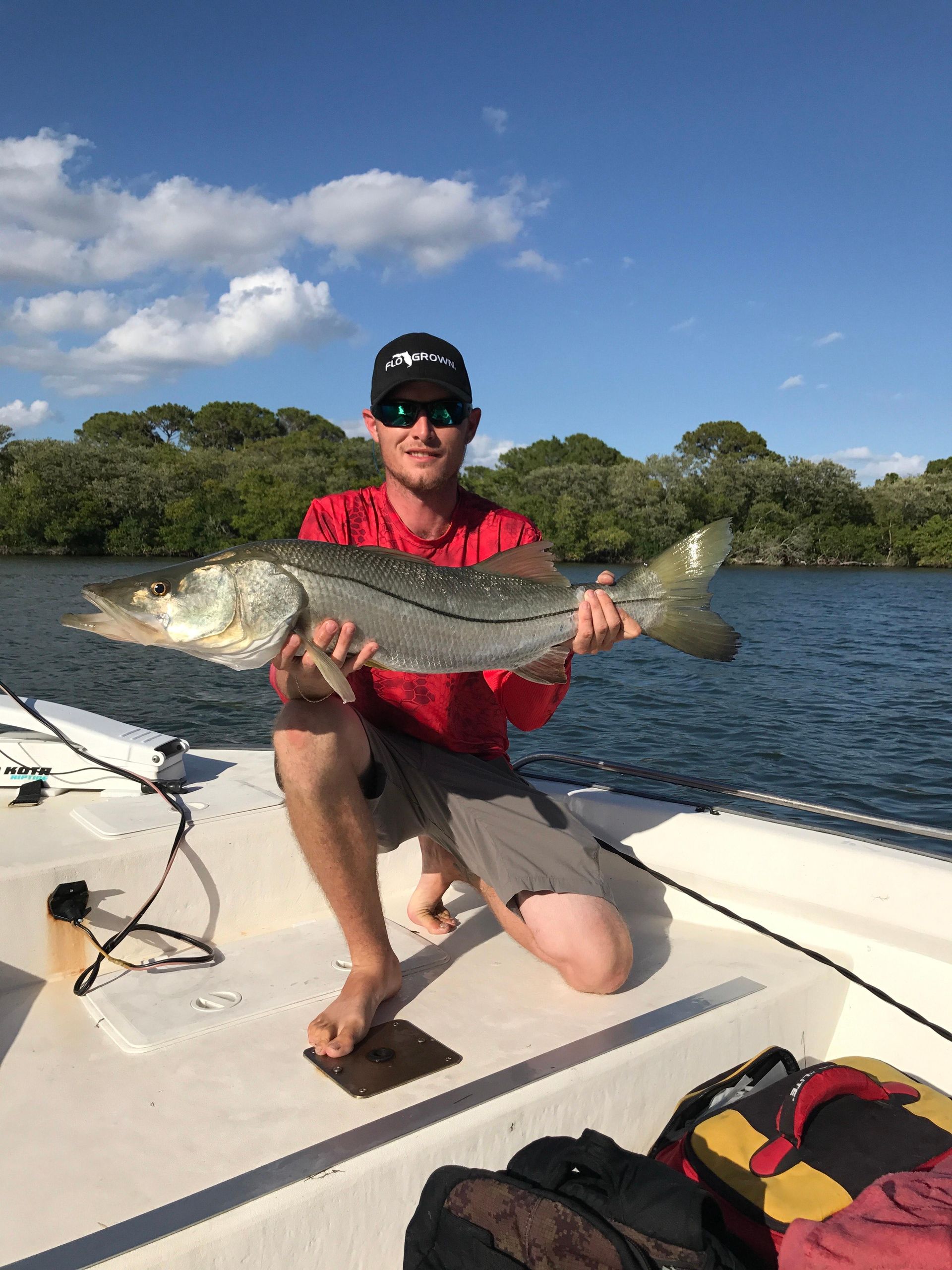 Man kneels on a boat, holding a large fish. Outdoors, sunny day, water and mangroves visible.