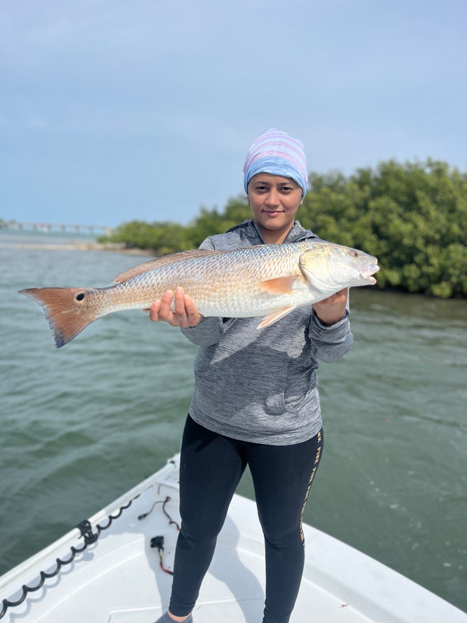 Woman on boat holds a large redfish. Water, mangroves, and bridge in background.