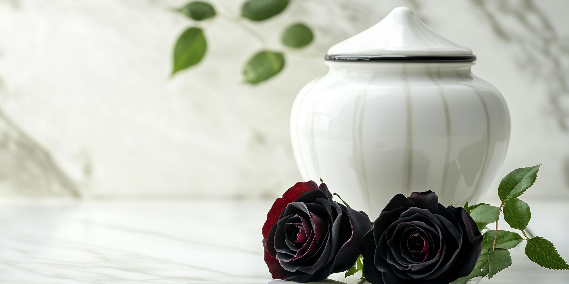 White ceramic cremation urn displayed with black roses, symbolizing remembrance and honoring a loved one in a memorial setting