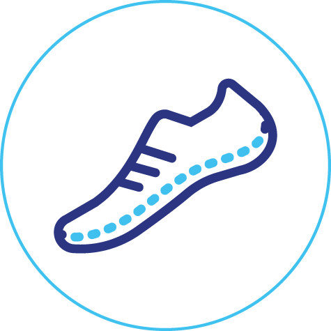 A blue and white icon of a running shoe in a circle.