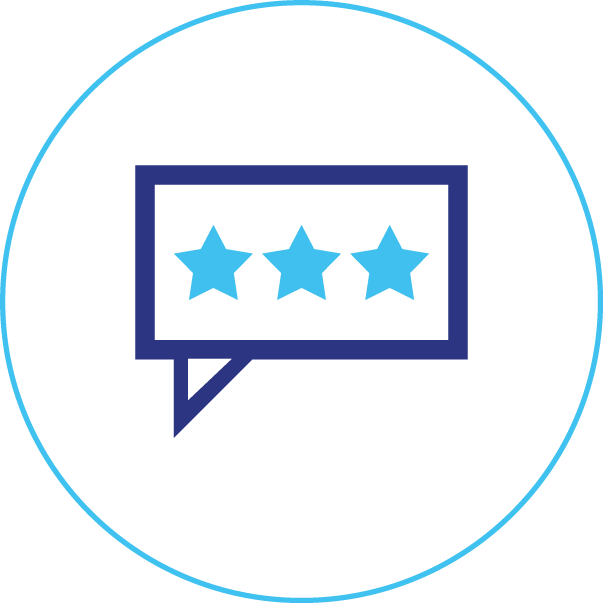 An icon of a speech bubble with three stars on it.