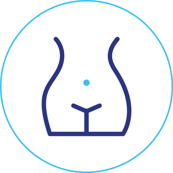 A line drawing of a woman 's stomach in a blue circle.