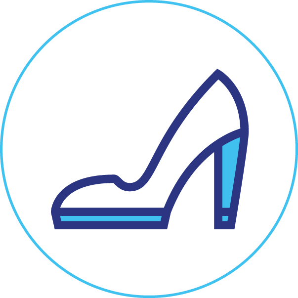 A blue icon of a high heeled shoe in a circle.