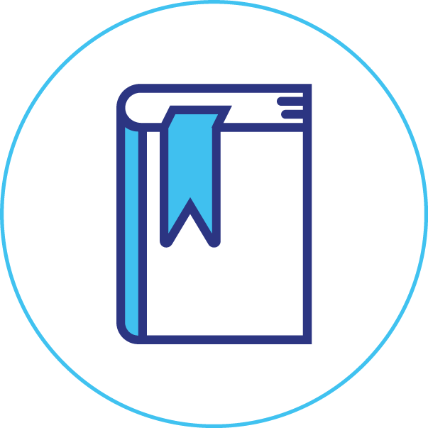 An icon of a book with a blue bookmark.