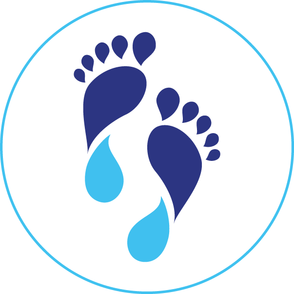 A pair of footprints with water drops on them in a circle.