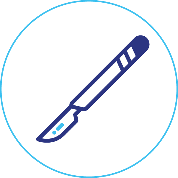 An icon of a scalpel in a blue circle on a white background.