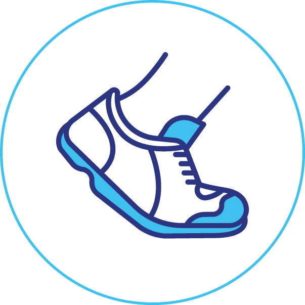 A blue and white icon of a person 's foot wearing a shoe.