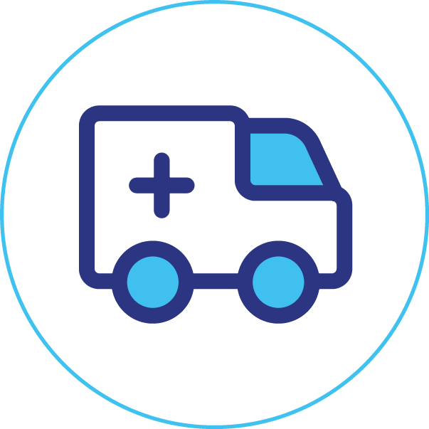An ambulance with a cross on the side is in a blue circle.