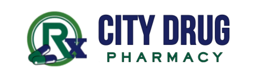 City Drug Pharmacy logo: green Rx symbol inside a circle, pills, and text.