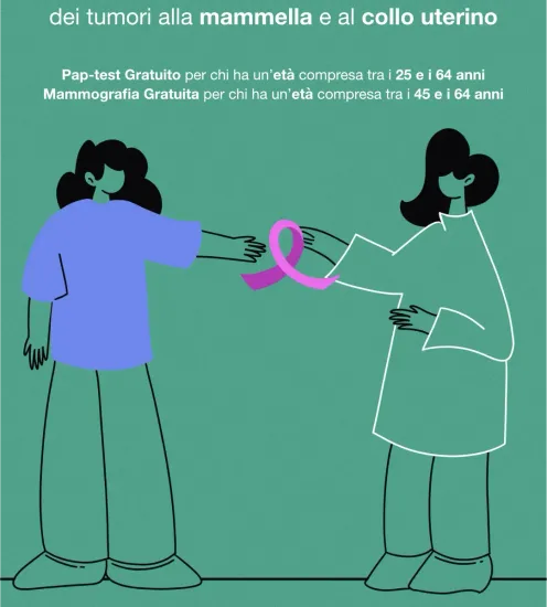A drawing of two women holding a pink ribbon with the words