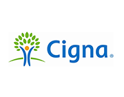 A cigna logo with a tree and a man.