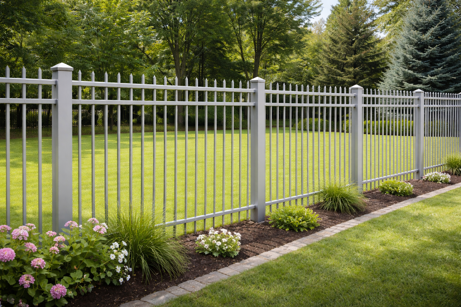 Gray metal fence beside a green lawn with flowers and trees in the background