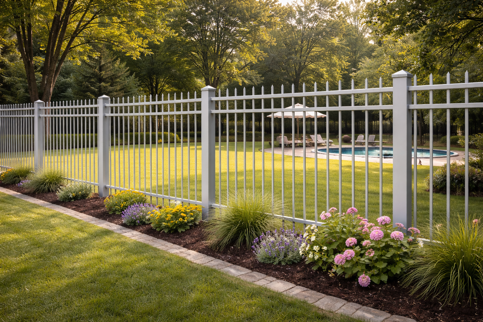 White metal fence along landscaped lawn with colorful flowers and trees in the background