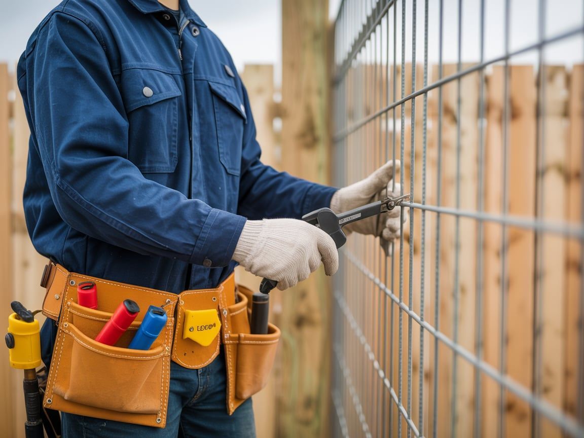 Worker in blue shirt tightening wire fence with pliers, tool belt visible.
