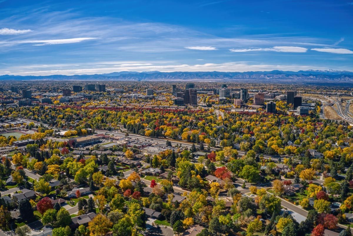 An aerial view of a city with trees in the foreground and mountains in the background.