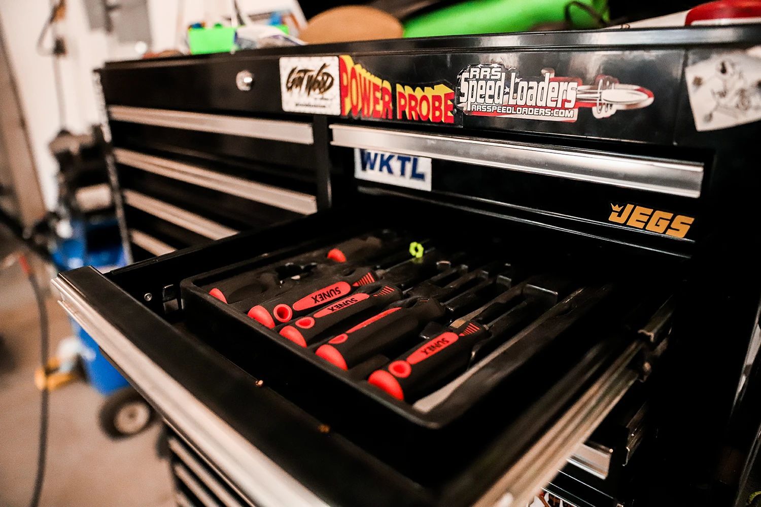 Open Drawer of a Black Toolbox Holding in Kaiser Automotive Garage