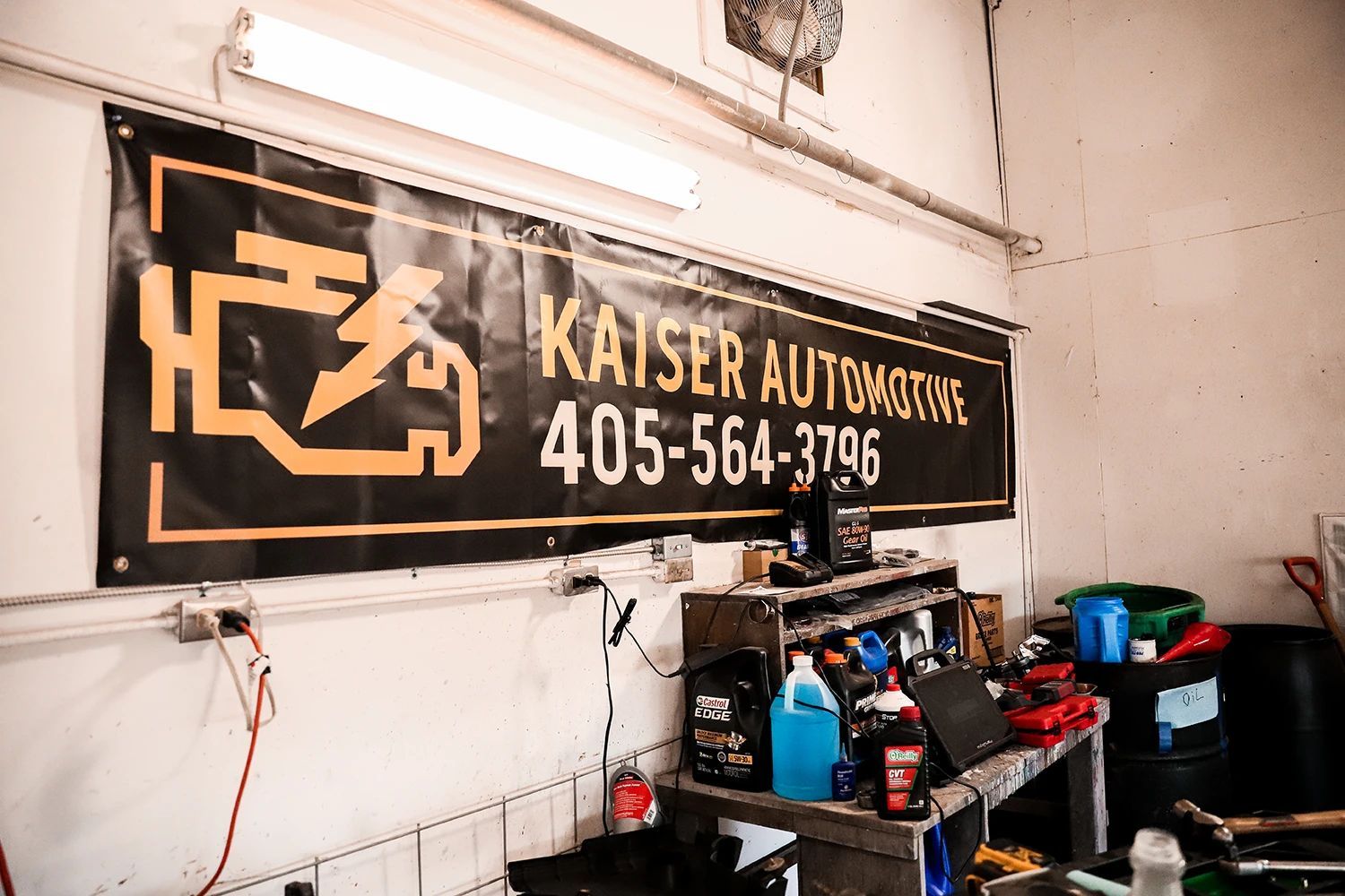 Banner for Kaiser Automotive in Garage in Stillwater, OK