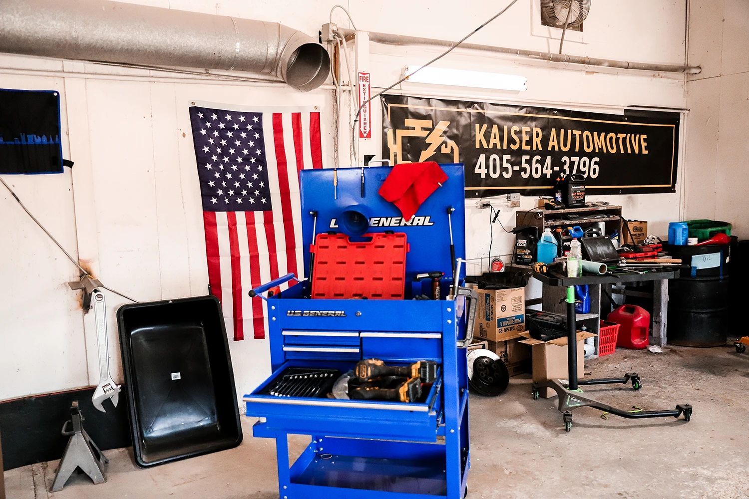Blue Tool Cart Inside of Kaiser Automotive's Garage in Stillwater, OK