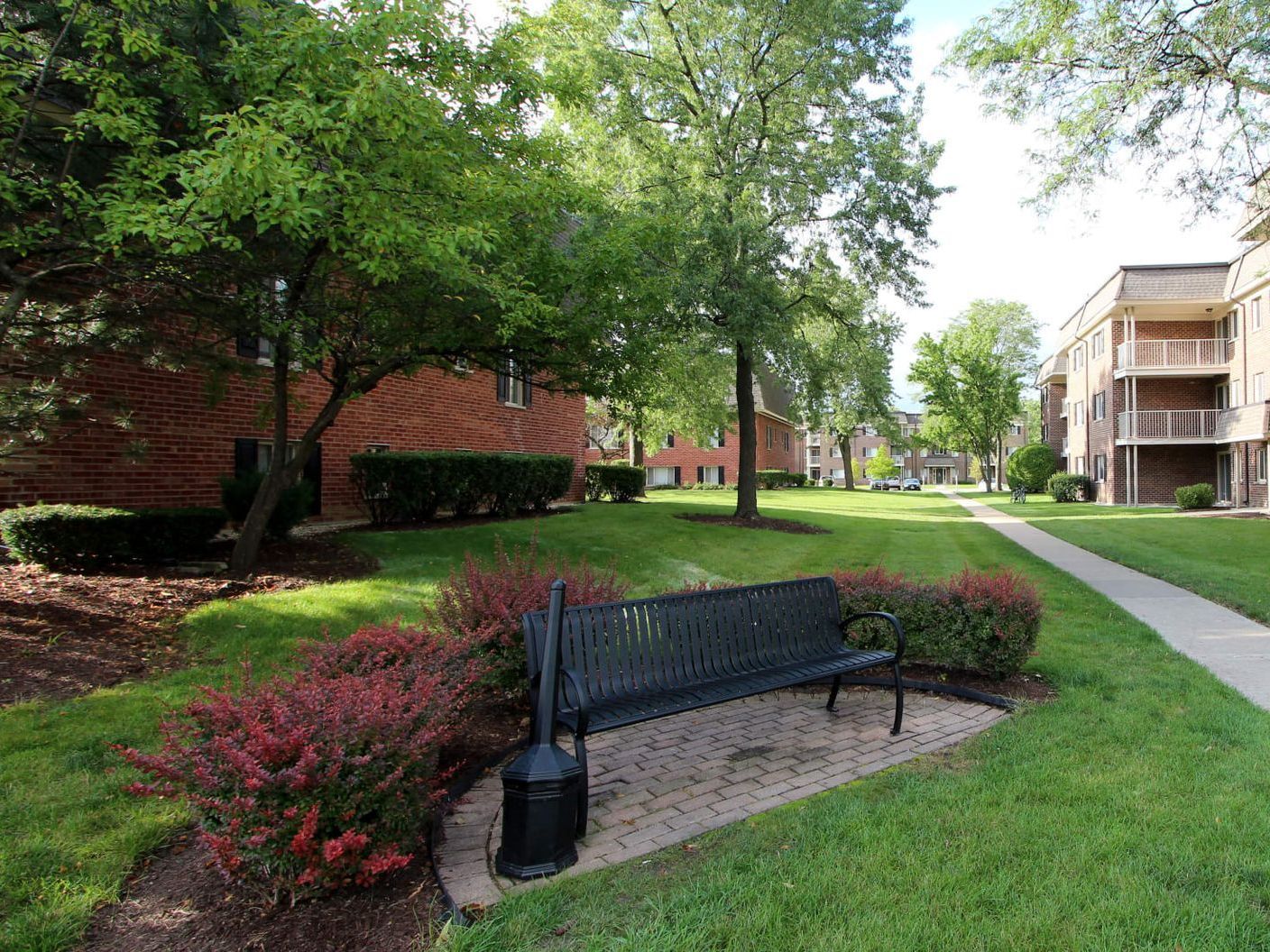 a park bench is sitting in the middle of a lush green park .